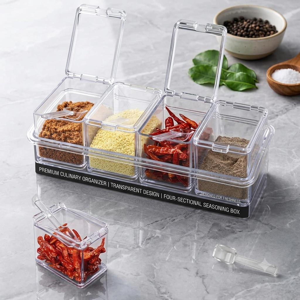 Crystal Seasoning Box with 4 Compartments and Spoons Transparent Spice Storage Container for Kitchen Organization