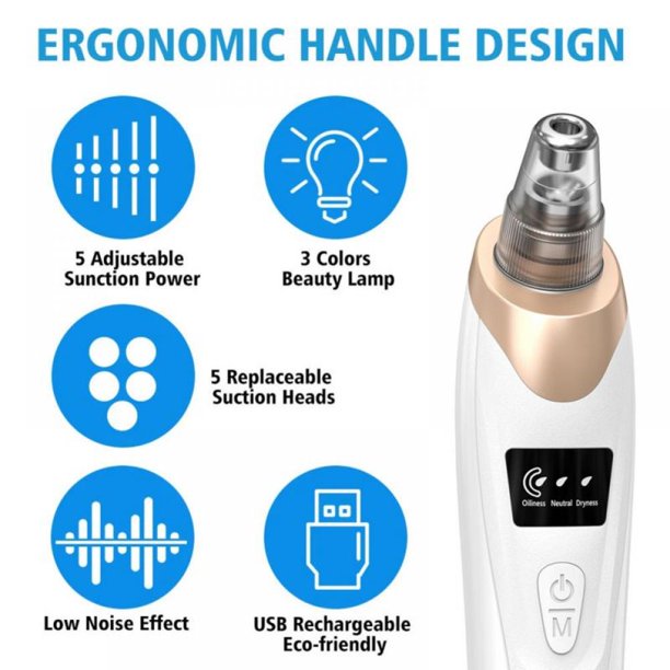 Electric Blackhead Remover Vacuum USB Rechargeable Pore Cleaner with 5 Suction Heads