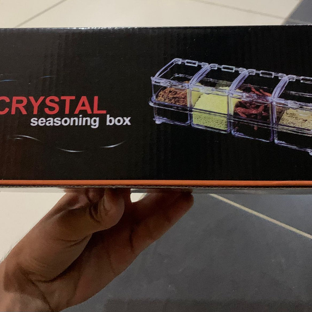 Crystal Seasoning Box with 4 Compartments & Spoons | Transparent Spice Storage Container