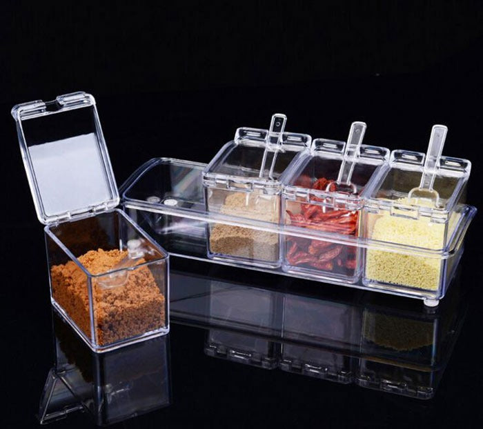 Crystal Seasoning Box with 4 Compartments and Spoons Transparent Spice Storage Container for Kitchen Organization