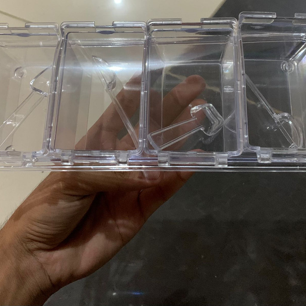Crystal Seasoning Box with 4 Compartments & Spoons | Transparent Spice Storage Container