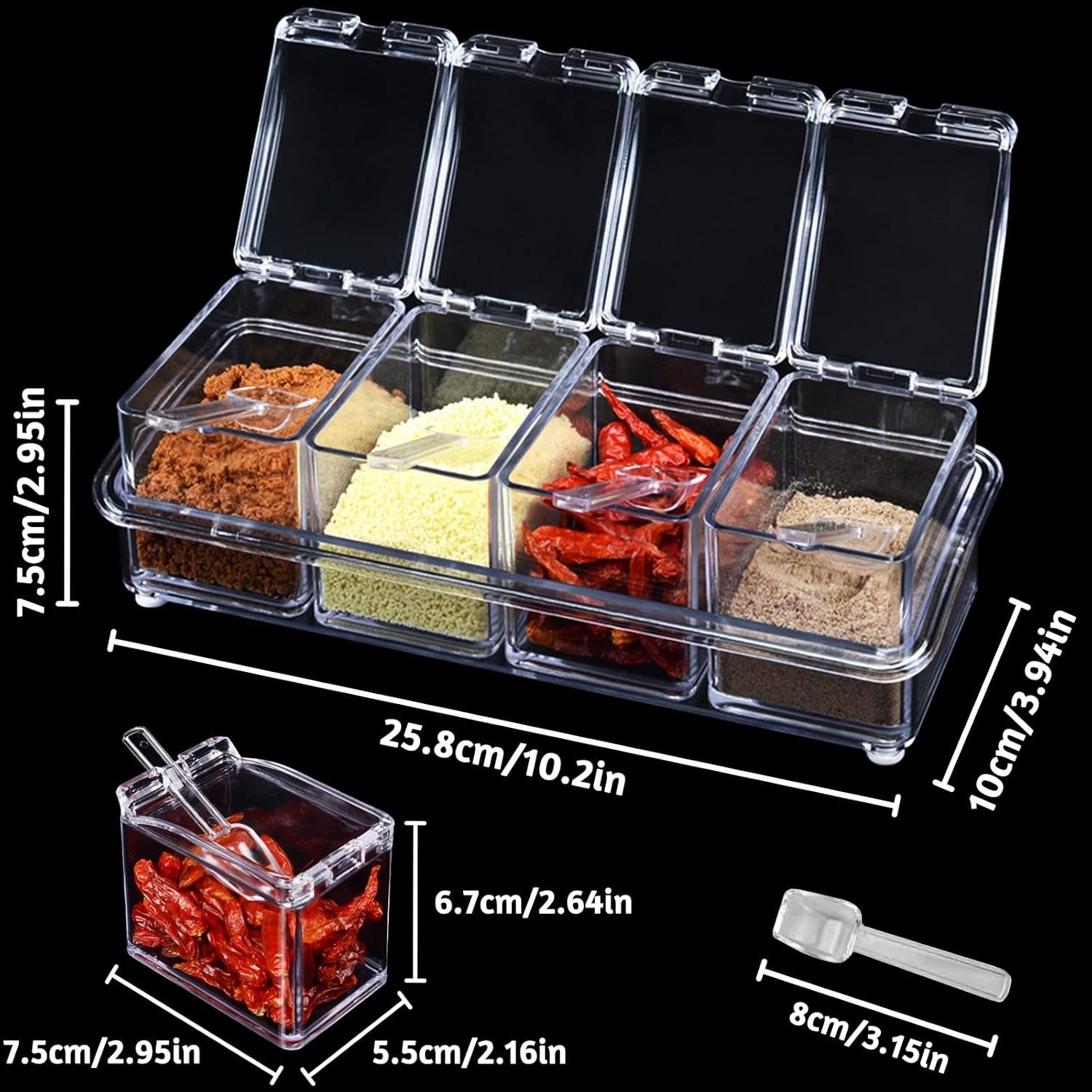 Crystal Seasoning Box with 4 Compartments and Spoons Transparent Spice Storage Container for Kitchen Organization
