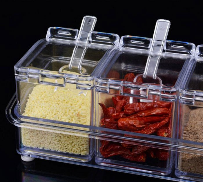 Crystal Seasoning Box with 4 Compartments and Spoons Transparent Spice Storage Container for Kitchen Organization