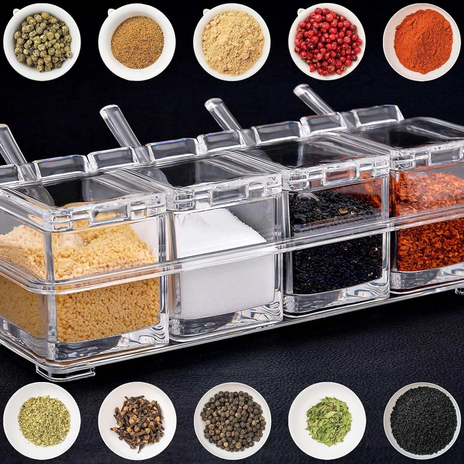 Crystal Seasoning Box with 4 Compartments & Spoons | Transparent Spice Storage Container