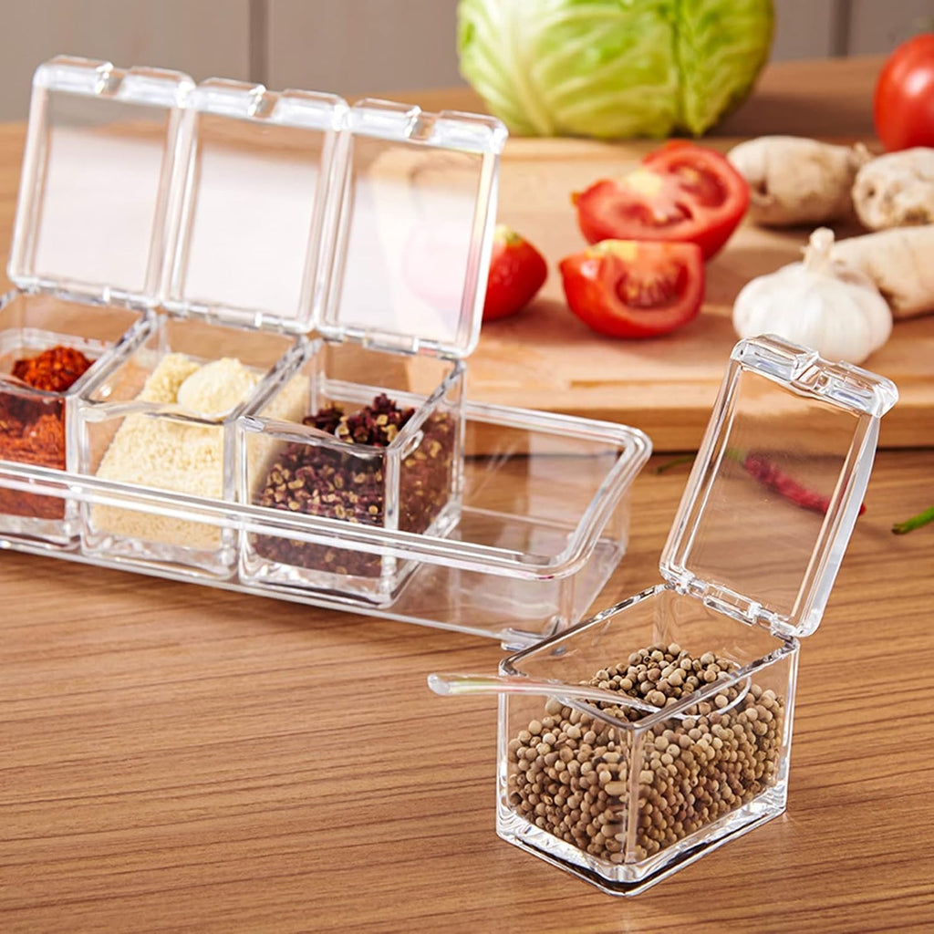 Crystal Seasoning Box with 4 Compartments and Spoons Transparent Spice Storage Container for Kitchen Organization