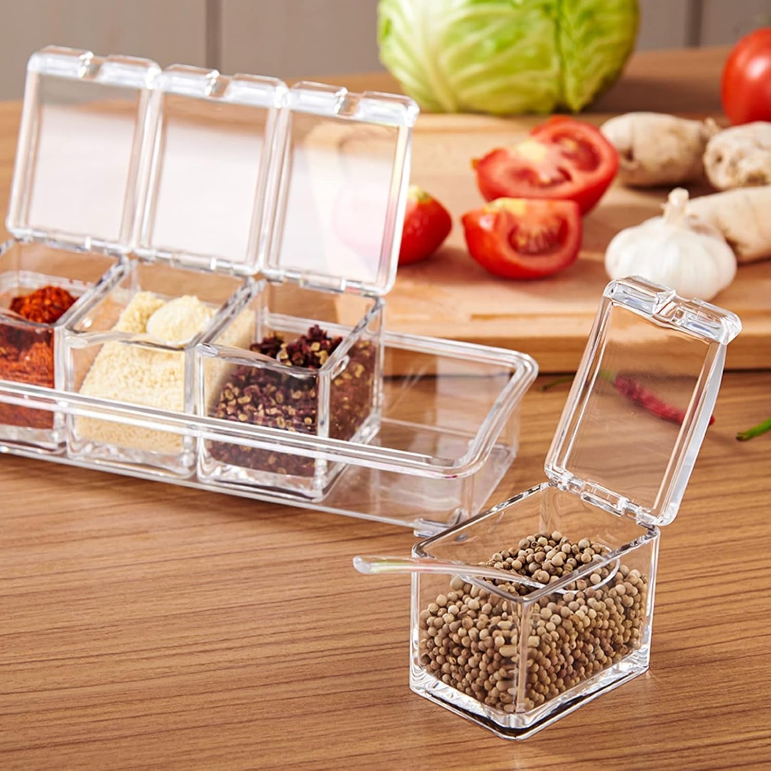 Crystal Seasoning Box with 4 Compartments and Spoons Transparent Spice Storage Container for Kitchen Organization