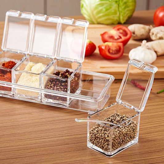 Crystal Seasoning Box with 4 Compartments & Spoons | Transparent Spice Storage Container