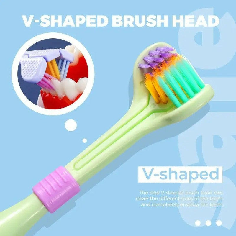 V-shaped brush head with a close-up inset on a blue background
